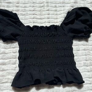 Black Smocked Puff Sleeve Top